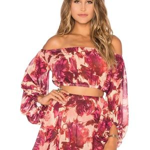 For love & lemons red orange yellow wild rose floral off the shoulders crop top